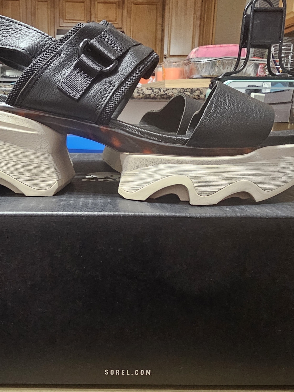 Sorel Black Leather Platform Sandals with Cream Sculpted Sole